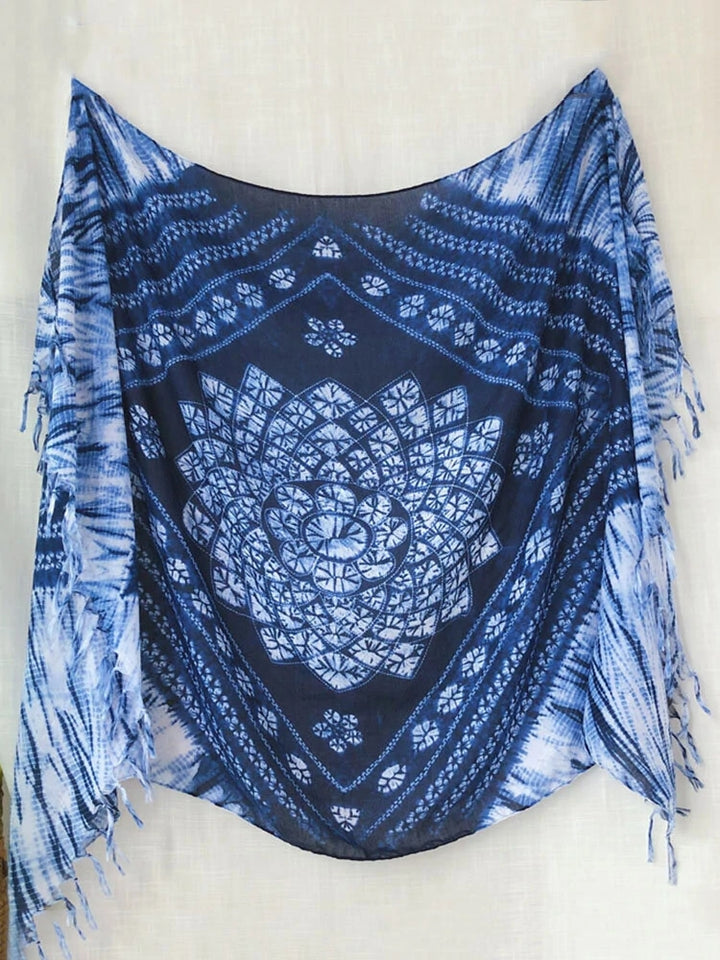 Tie Dye Blue Scarf Long Fringe Sarong Beach Towel