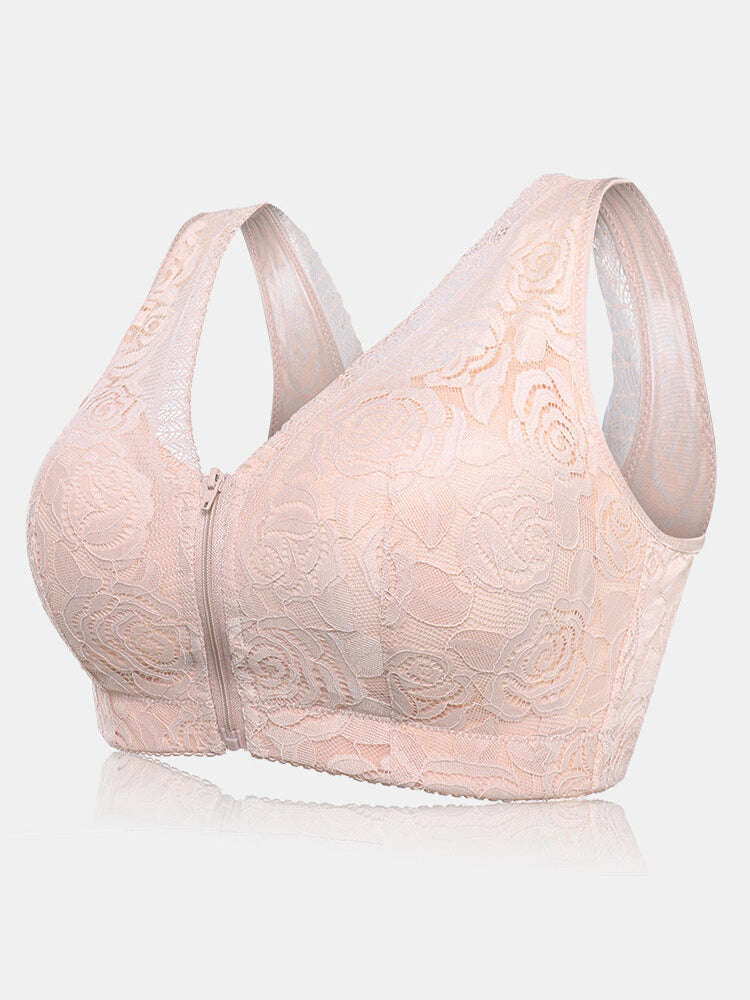 Front Zipper Lace Full Coverage Wire-Free Bra