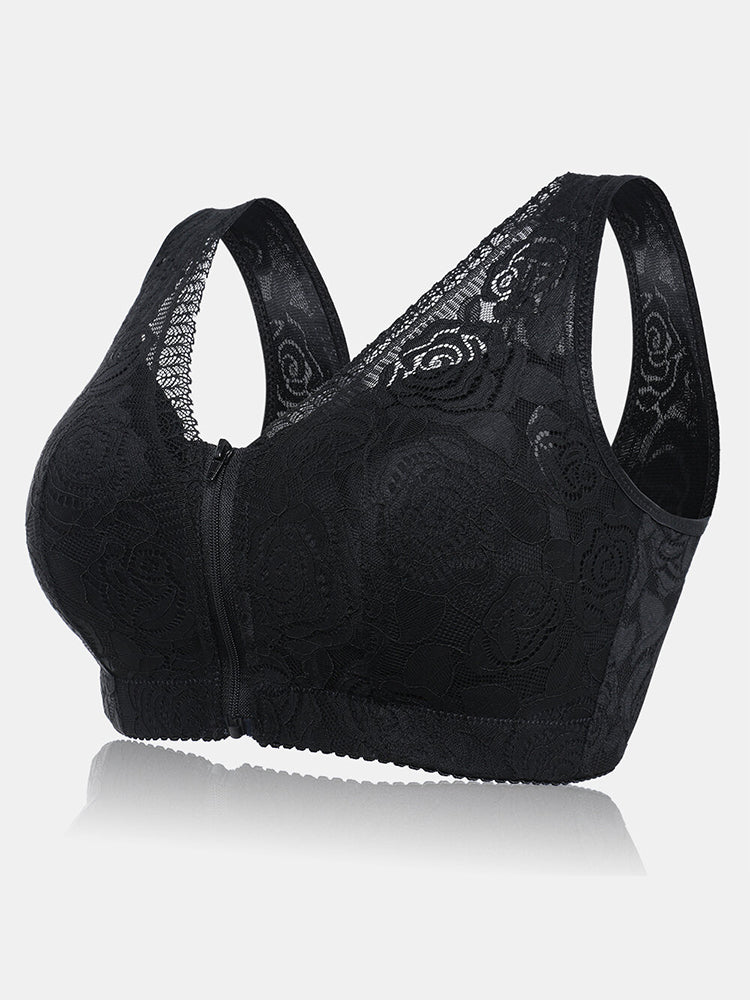 Front Zipper Lace Full Coverage Wire-Free Bra