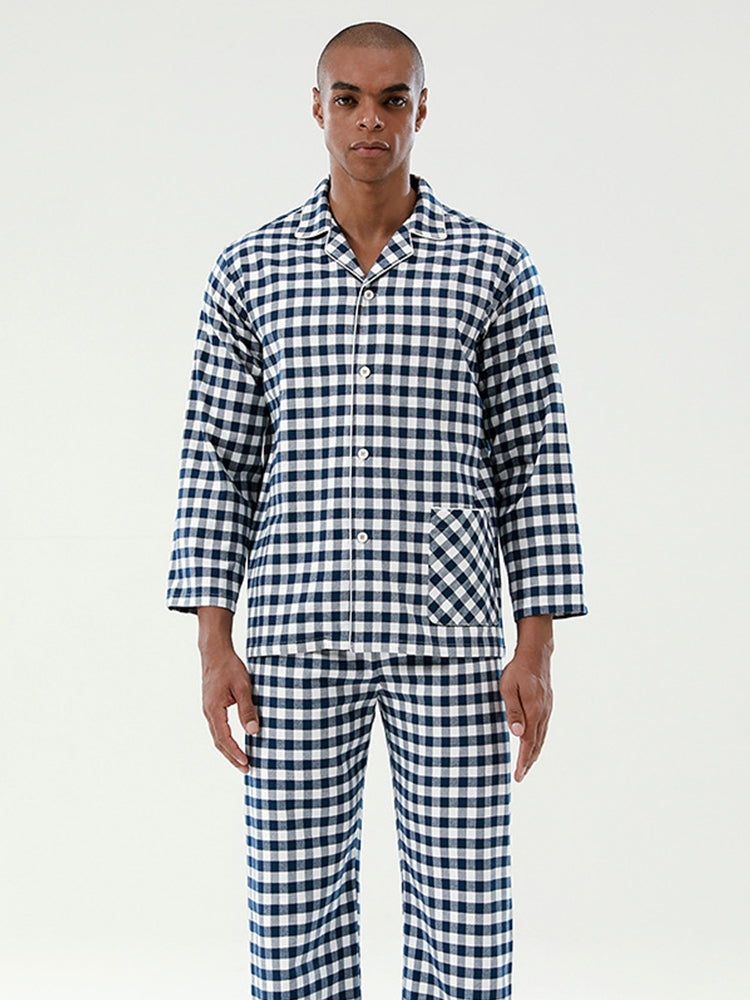 Cotton Plaid Pajamas Set Long Sleeve Sleepwear for Men&Women