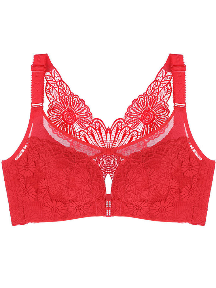 Embroidered Daisy Back Front Closure Wireless Push Up Bras