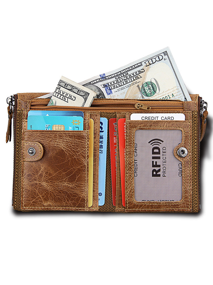 Zipper RFID Card Holders Anti-theft Zip Coin Pocket Bifold Wallets
