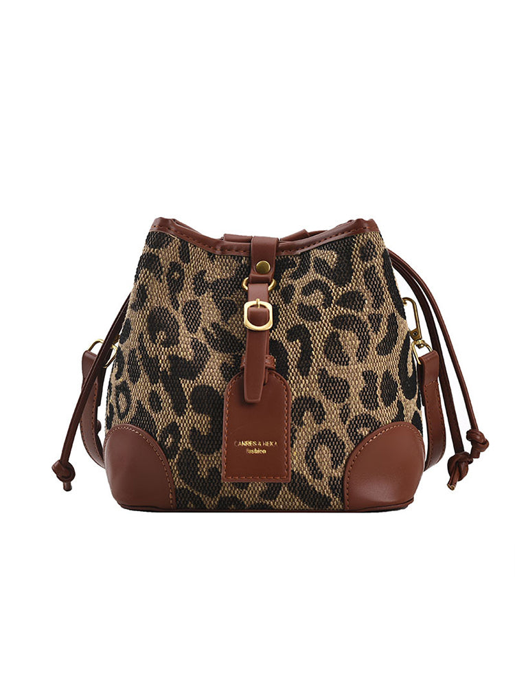 Women's Leopard Print Drawstring Bucket Bag PU Crossbody Bag
