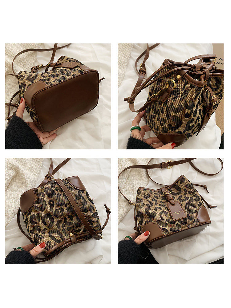 Women's Leopard Print Drawstring Bucket Bag PU Crossbody Bag