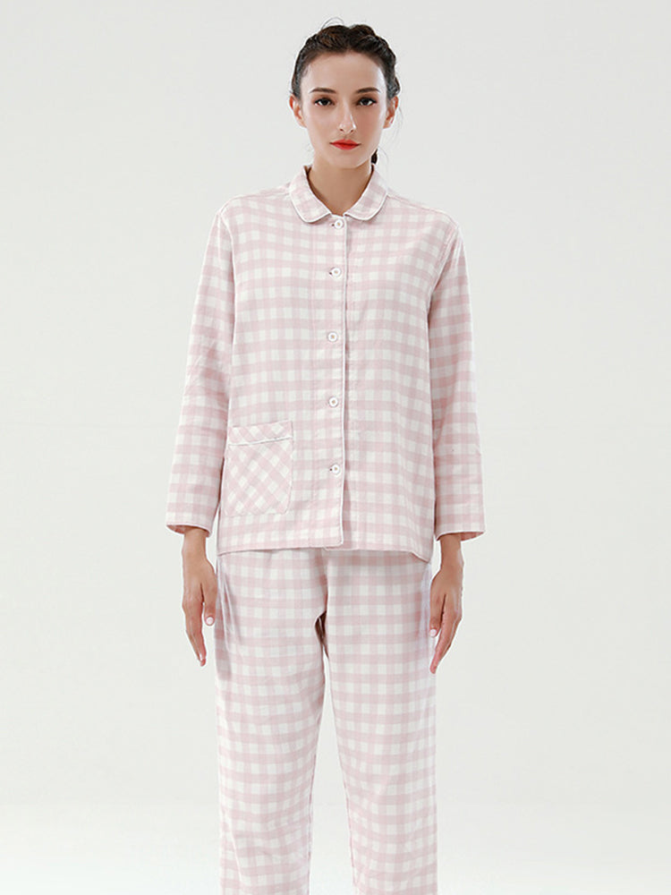 Cotton Plaid Pajamas Set Long Sleeve Sleepwear for Men&Women