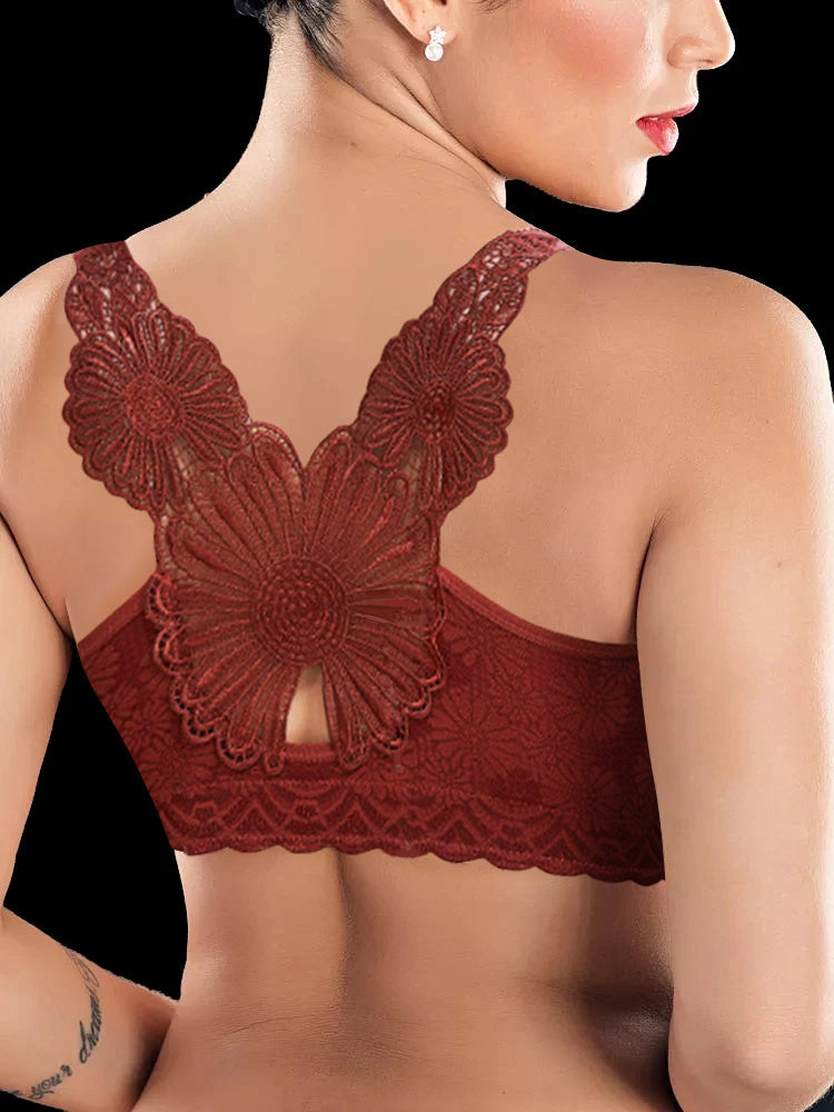 Embroidered Daisy Back Front Closure Wireless Push Up Bras