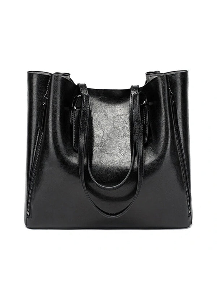 Solid Large Capacity Leisure Handbag Faux Leather Shoulder Tote Bag