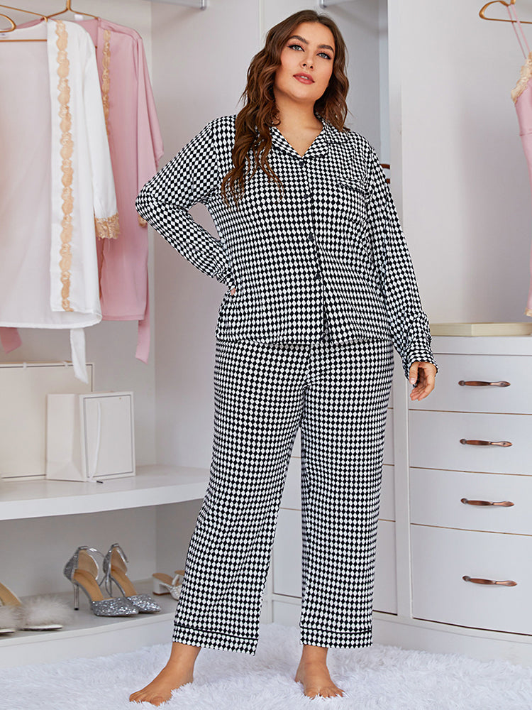 Women Plus Size Matching Plaid Pajama Set Loungewear