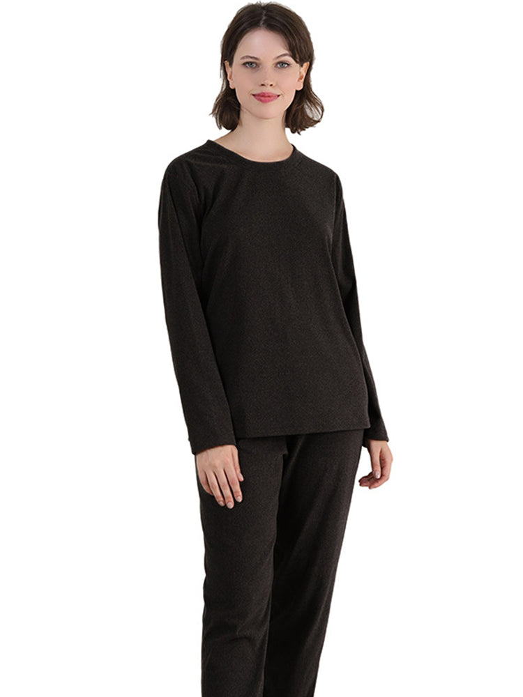 Women Solid Fleece Lined Long Sleeve Plus Size Pajama Sets