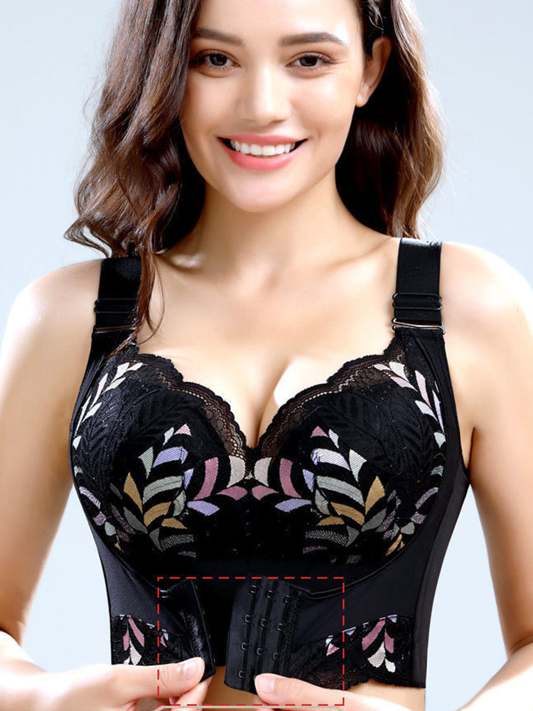 Lace Longline Wireless Support Wide Straps Bras with Front Buckle