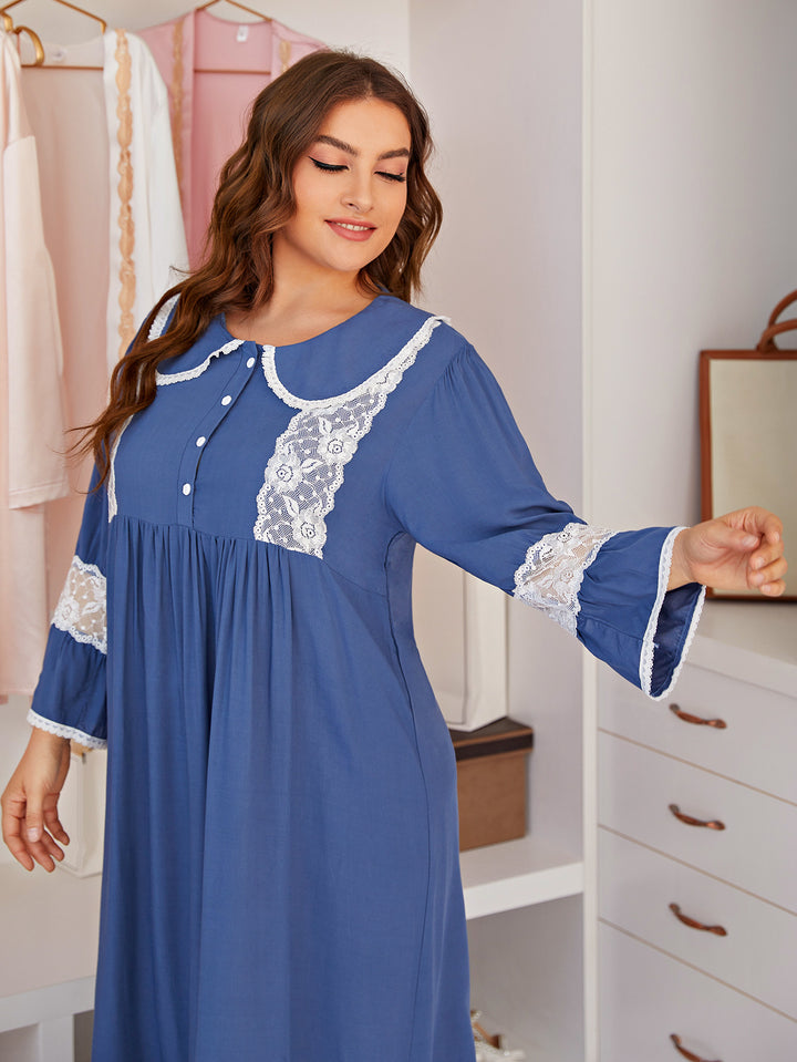Women Plus Size Lace Long Sleeve Sleepwear Midi Dress