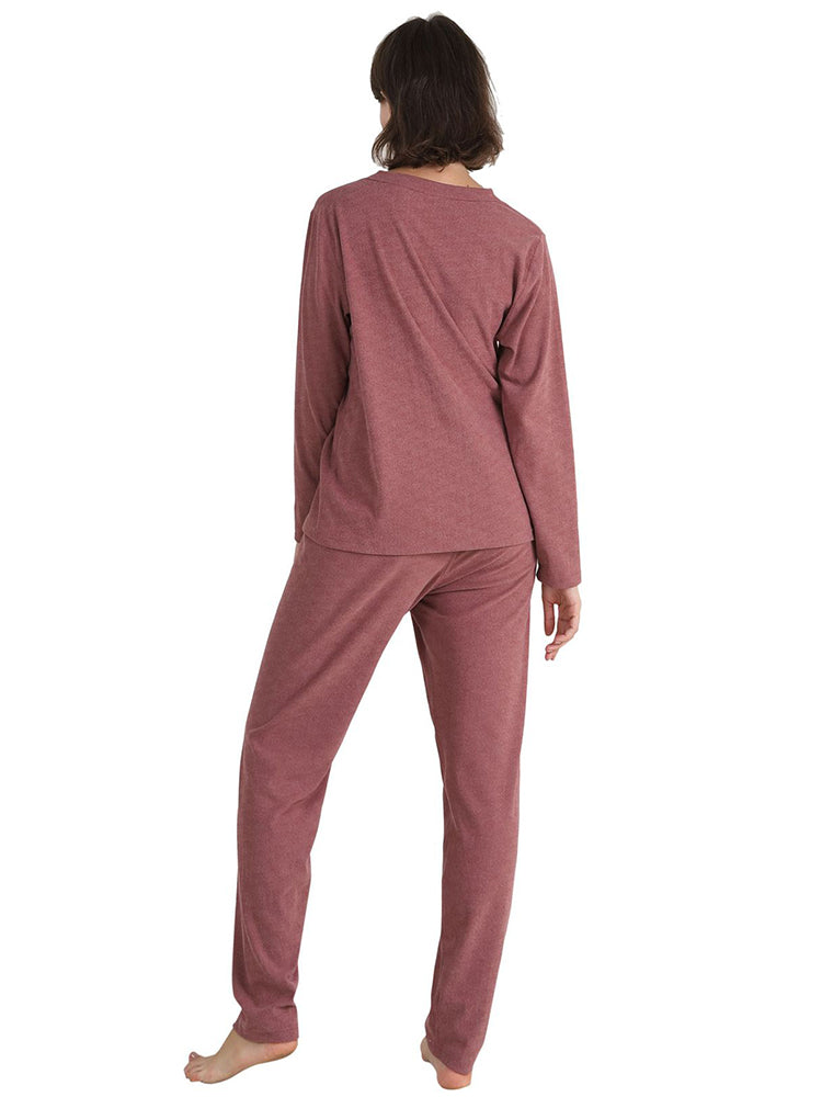Women Solid Fleece Lined Long Sleeve Plus Size Pajama Sets