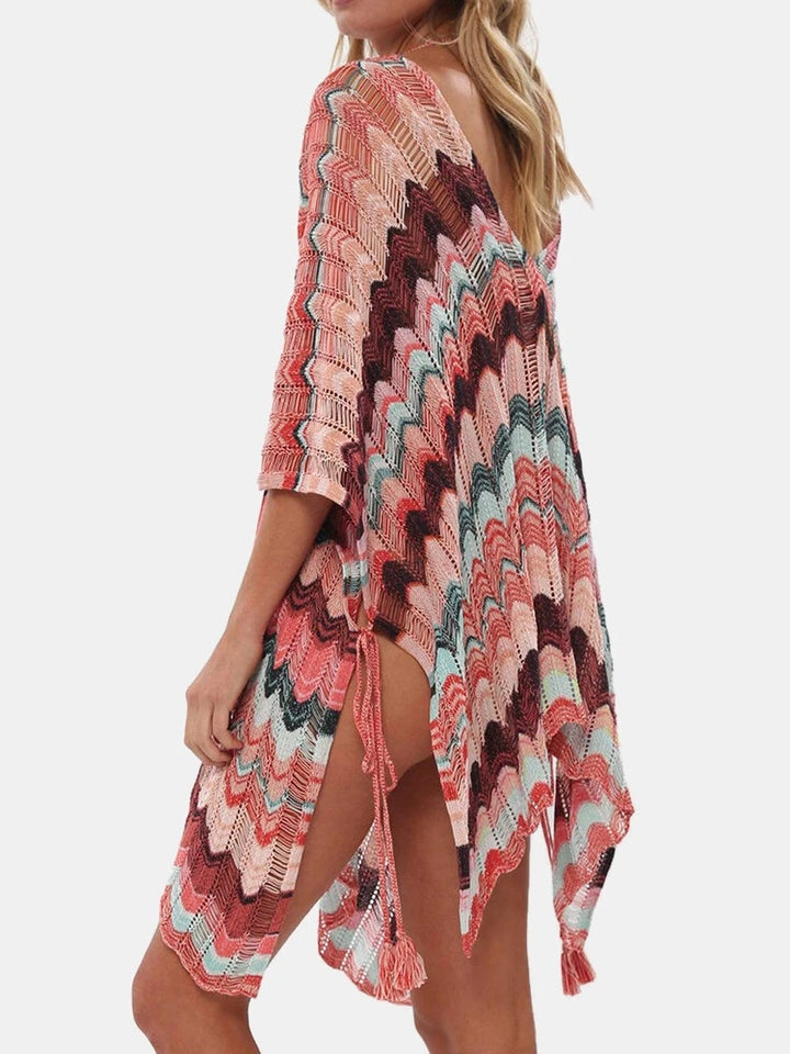 Stripes Printing Crochet Front Bandage Side Slit Swimsuit Cover Ups
