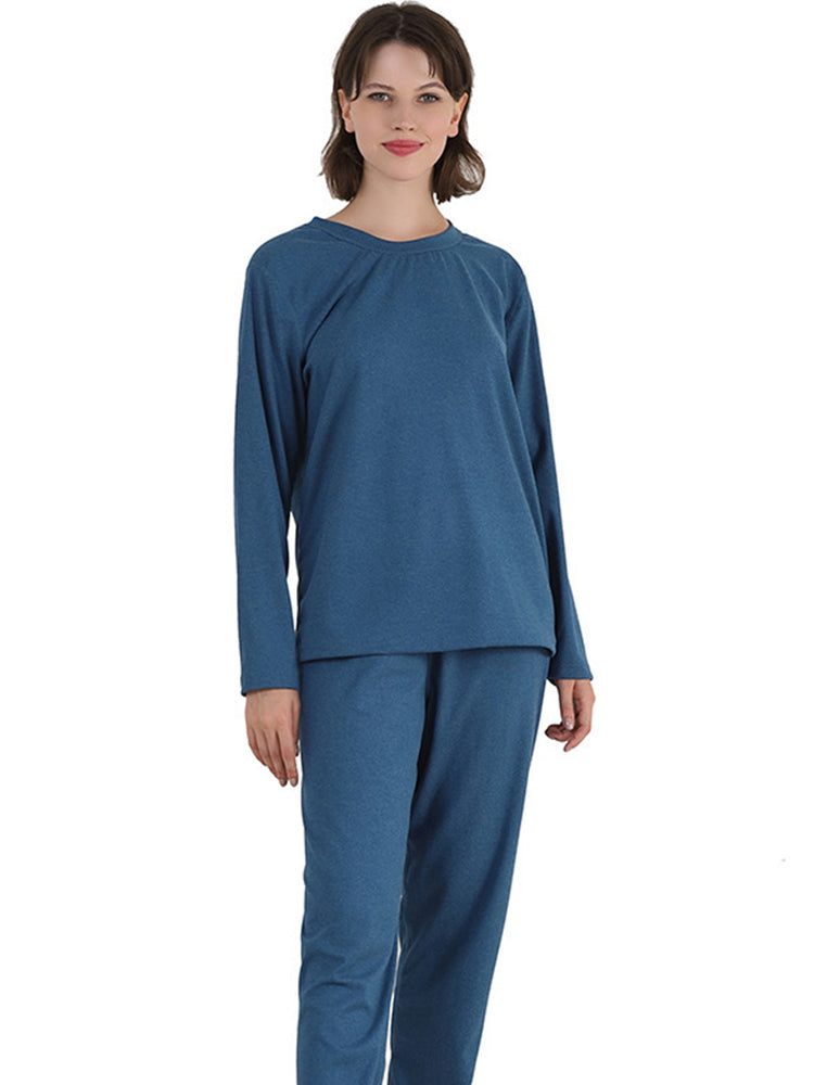 Women Solid Fleece Lined Long Sleeve Plus Size Pajama Sets