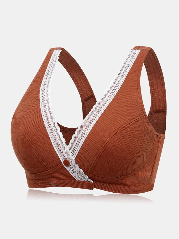 V-Neck Front Button Closure Cotton Wireless Bra