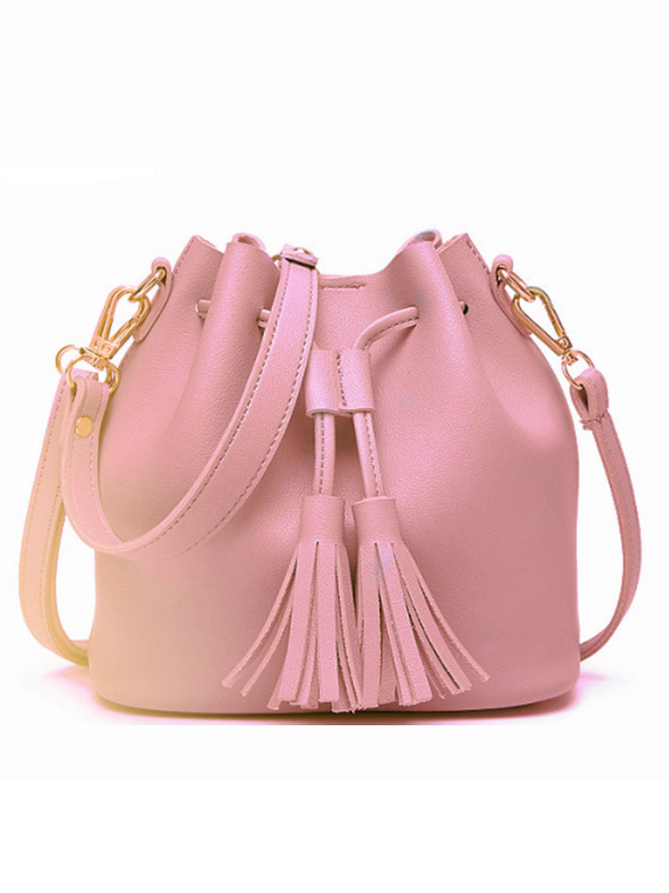 Women PU Leather Vintage Tassel Bucket Bags Mini Crossbody Bags