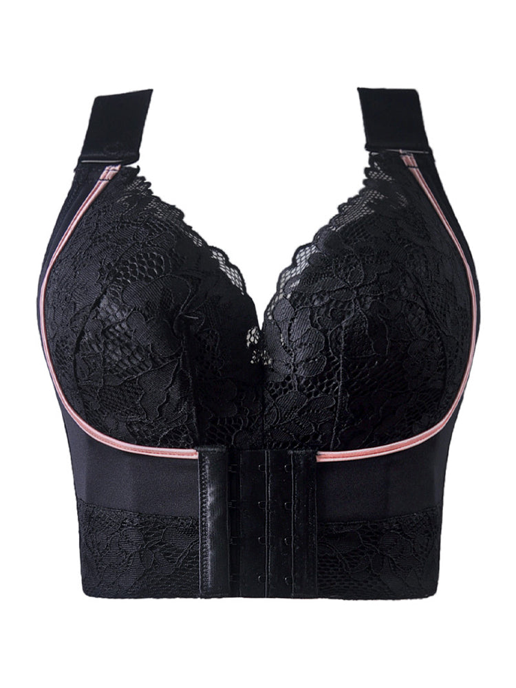 Lace Longline Wireless Support Wide Straps Bras with Front Buckle