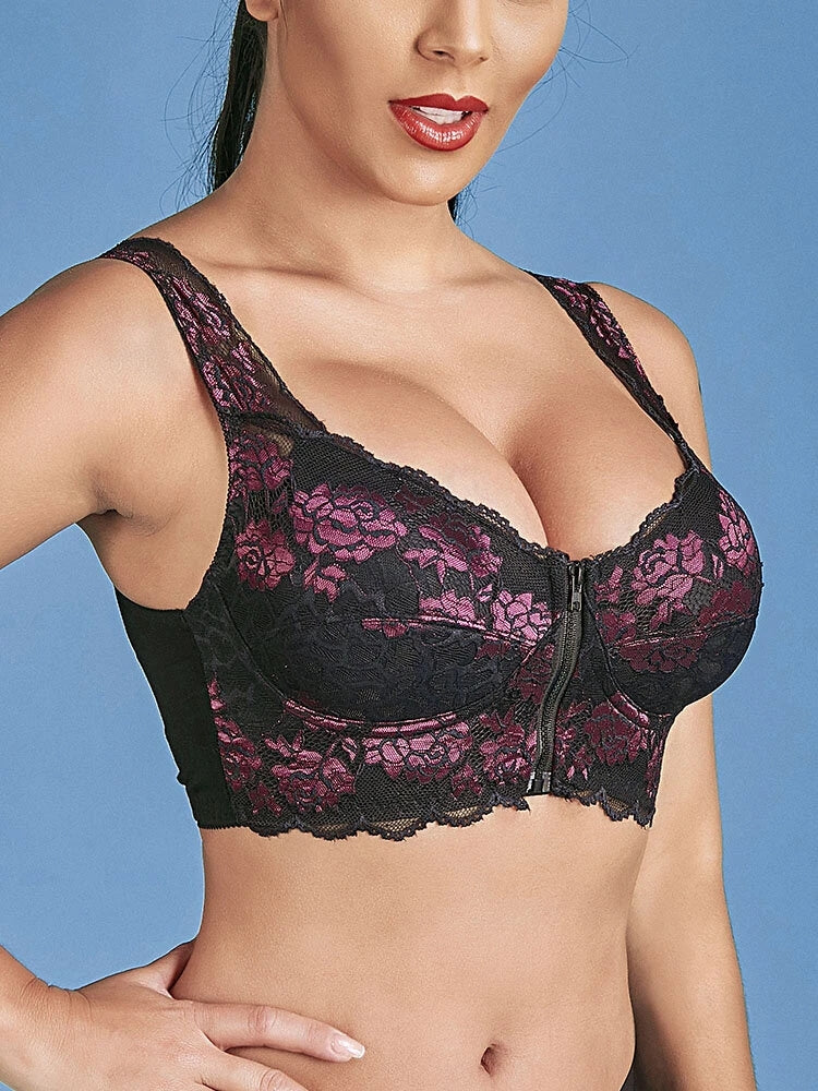 Flower Lace Zipper Front Wide Shoulder Straps Wireless Bra