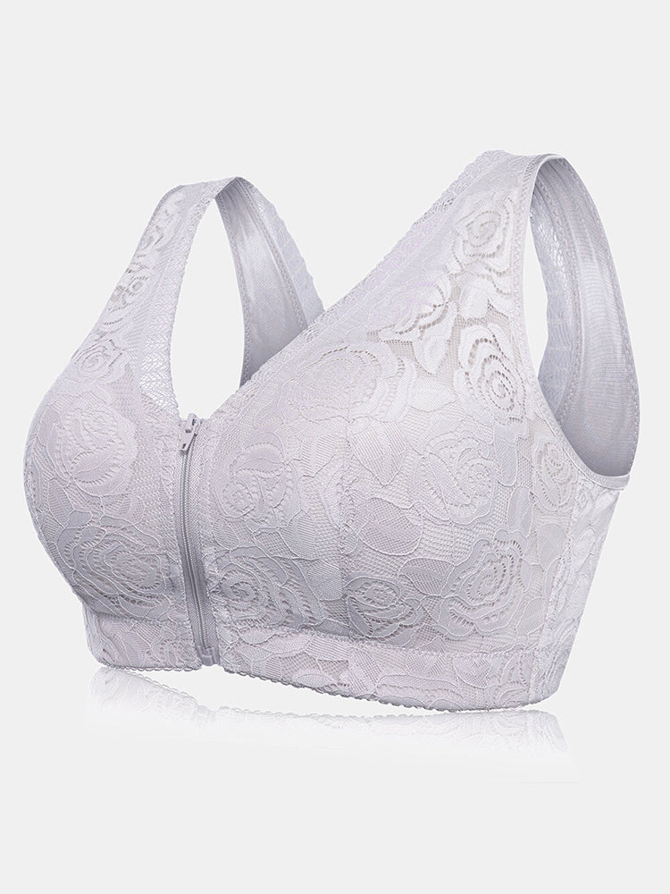 Front Zipper Lace Full Coverage Wire-Free Bra