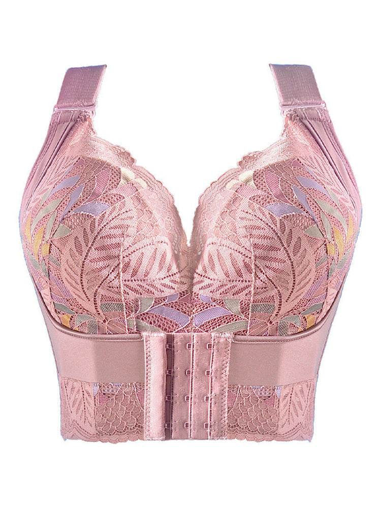 Lace Longline Wireless Support Wide Straps Bras with Front Buckle