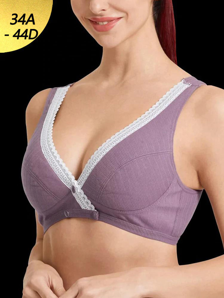 V-Neck Front Button Closure Cotton Wireless Bra