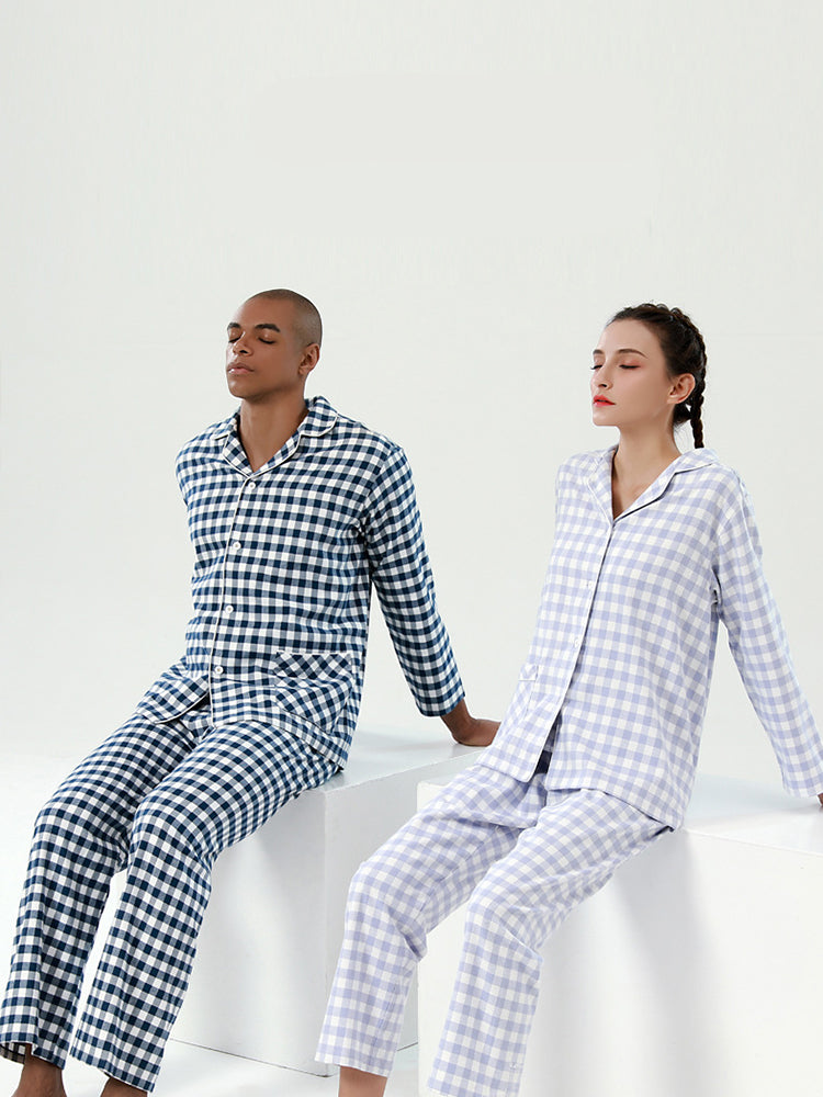 Cotton Plaid Pajamas Set Long Sleeve Sleepwear for Men&Women